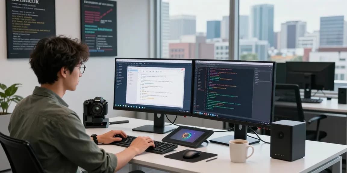 WPS Download interface displayed on dual monitors in a modern tech workspace with a developer coding.