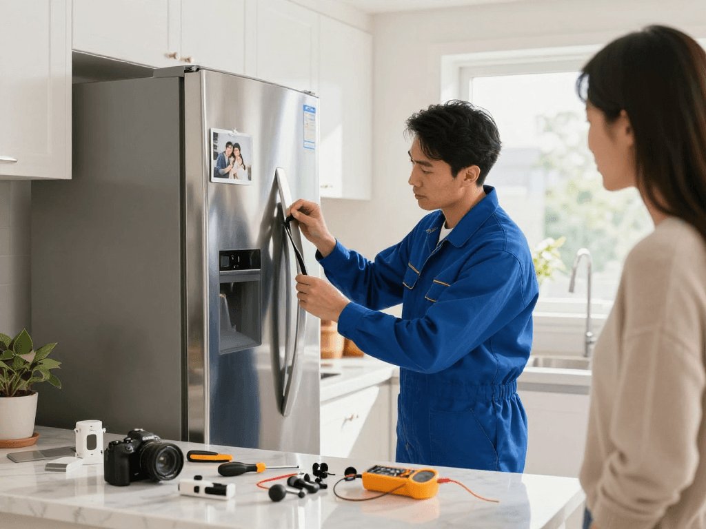 Expert refrigerator repair Newmarket technician servicing a modern kitchen.