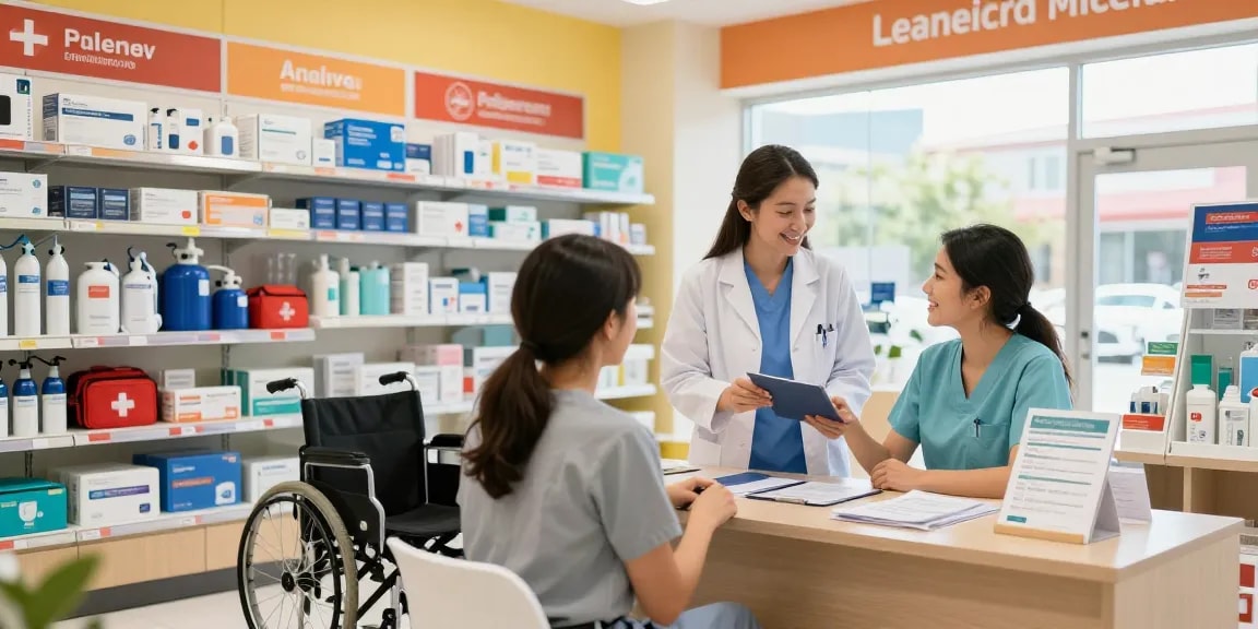 Customer receiving assistance with professional medical supply in a well-organized healthcare store