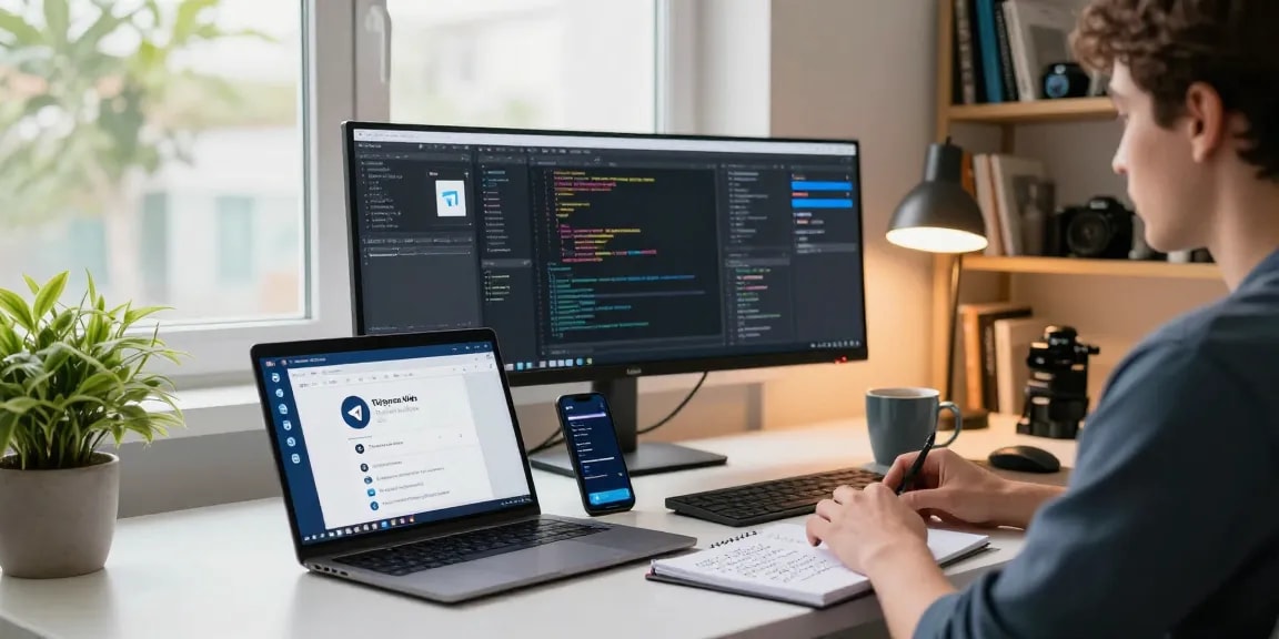 Using Telegram Web Version on a modern tech workspace with dual monitors