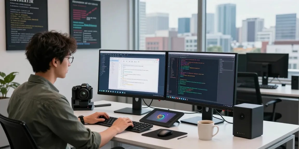 WPS Download interface displayed on dual monitors in a modern tech workspace with a developer coding.