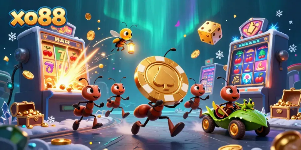 Experience the excitement at xo88, where ants execute a heist with a poker chip amidst vibrant casino themes.