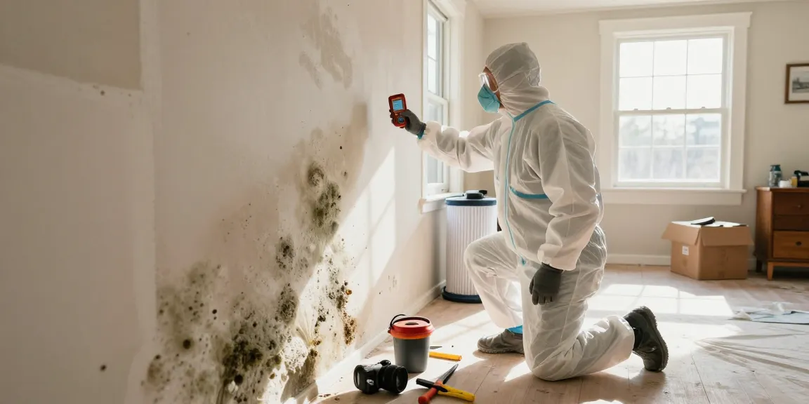 Mold Remediation Vancouver technician inspecting walls for mold growth in a bright home environment.