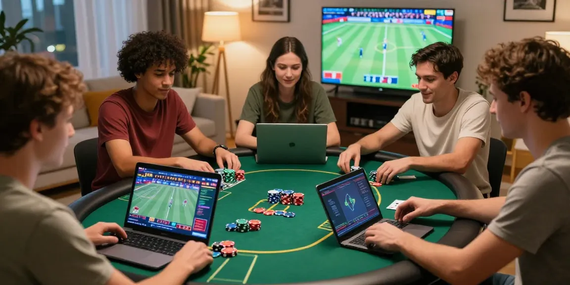 Gather friends to gamble online Canada with lively poker gameplay on laptops in a cozy setting.