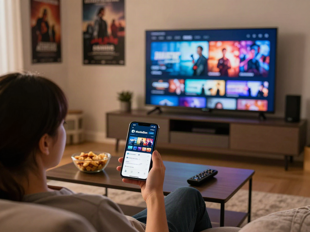 Person enjoying the MovieBox download site on a smartphone in a cozy living room.