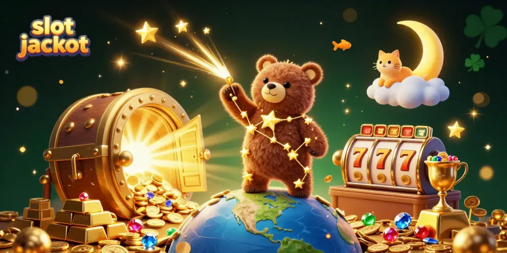 Experience the thrill of slot jackpot with this vibrant, animated 3D scene featuring sparkling treasures and whimsical characters.