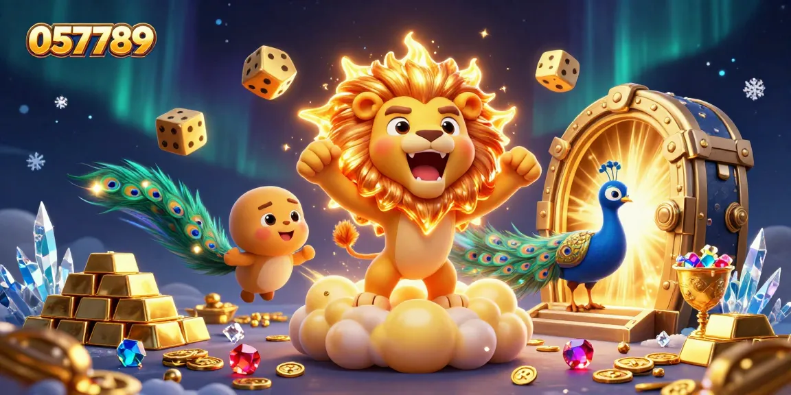 Play exciting casino games with 057789's vibrant 3D illustration of a golden lion and dice.