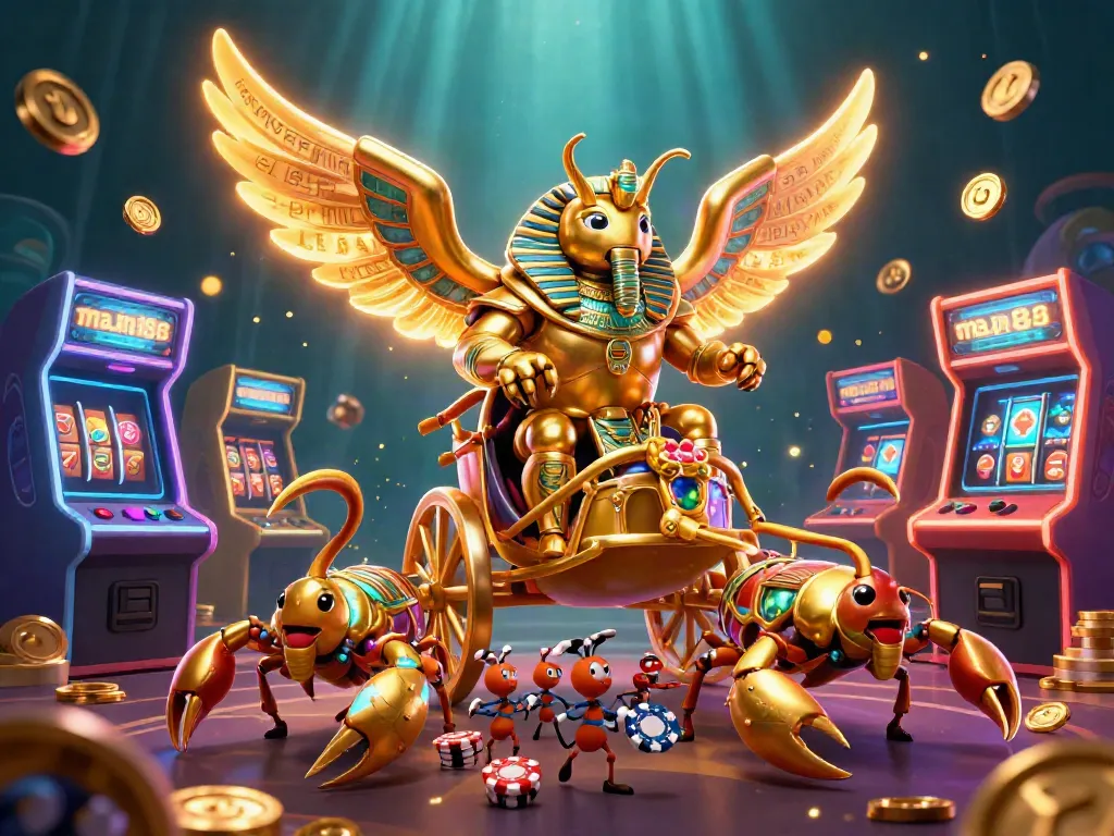 Experience excitement with man88; a golden scarab and scorpions among vibrant casino elements.
