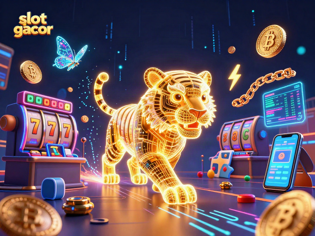 Play the exciting slot gacor games with vibrant neon visuals and digital currency elements.
