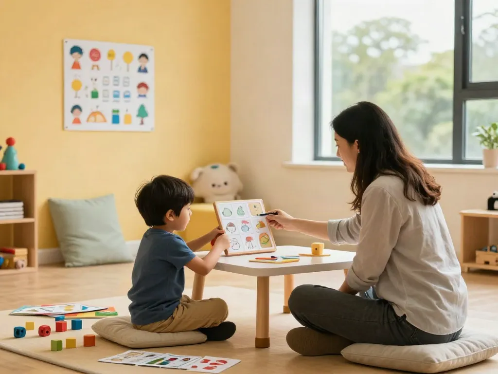 Functional communication training Burlington in a supportive educational therapy setting with a child and therapist engaged in interactive learning.