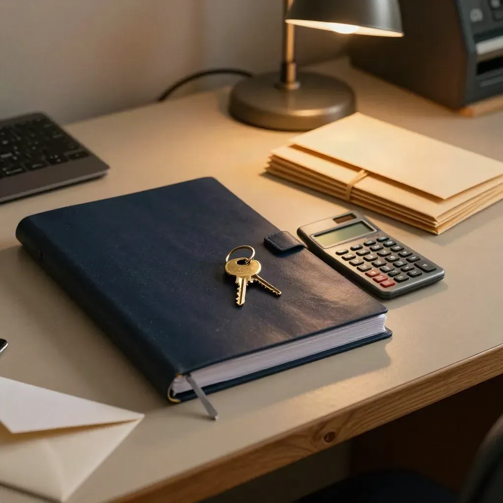 Utility review desk with binder, calculator, brass key ring and envelopes in soft office light.
