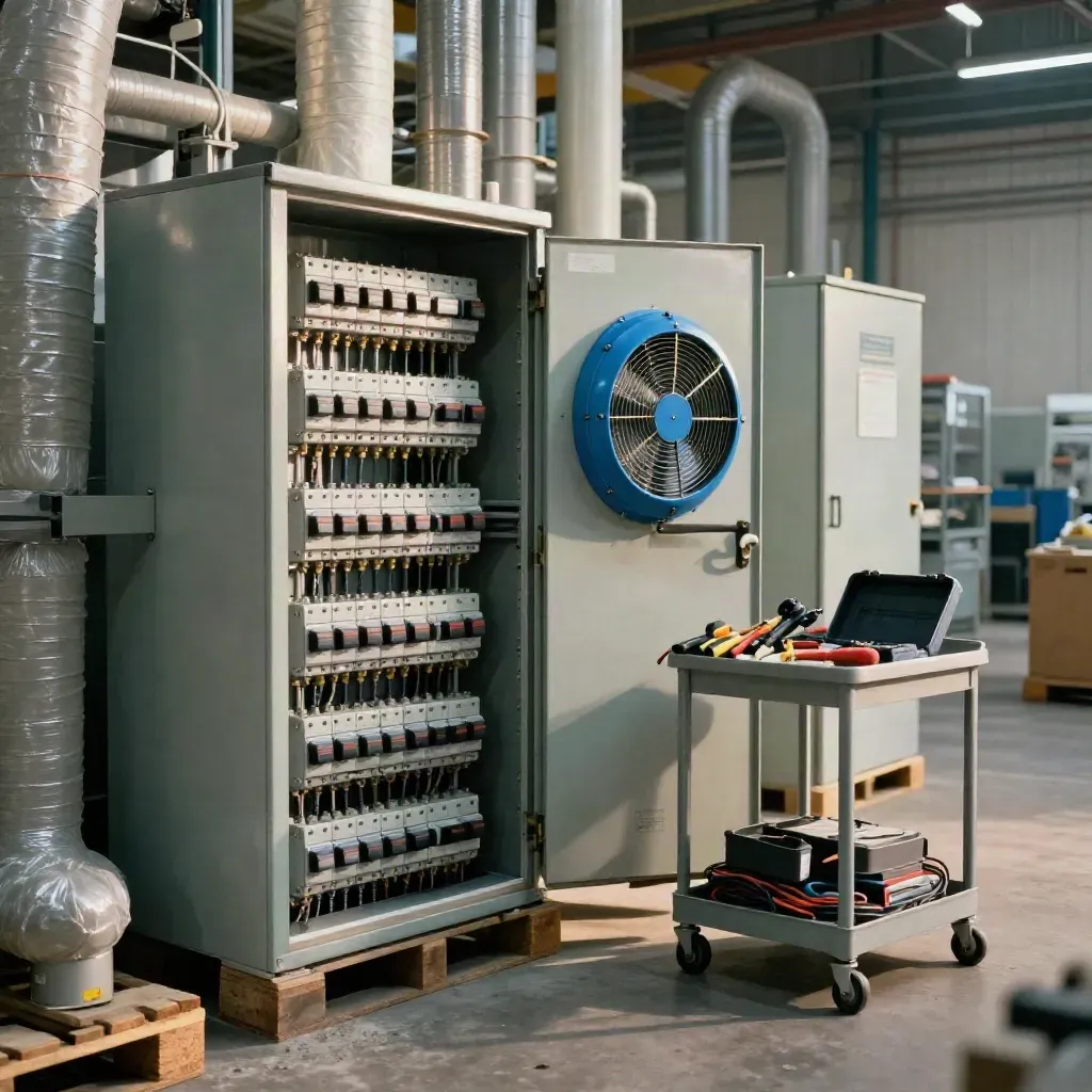 Warehouse audit setup beside open panel, ducts, blower fan and tools in warm light