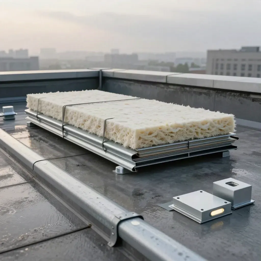 Wet rooftop retrofit materials staged for review beside a misty skyline.