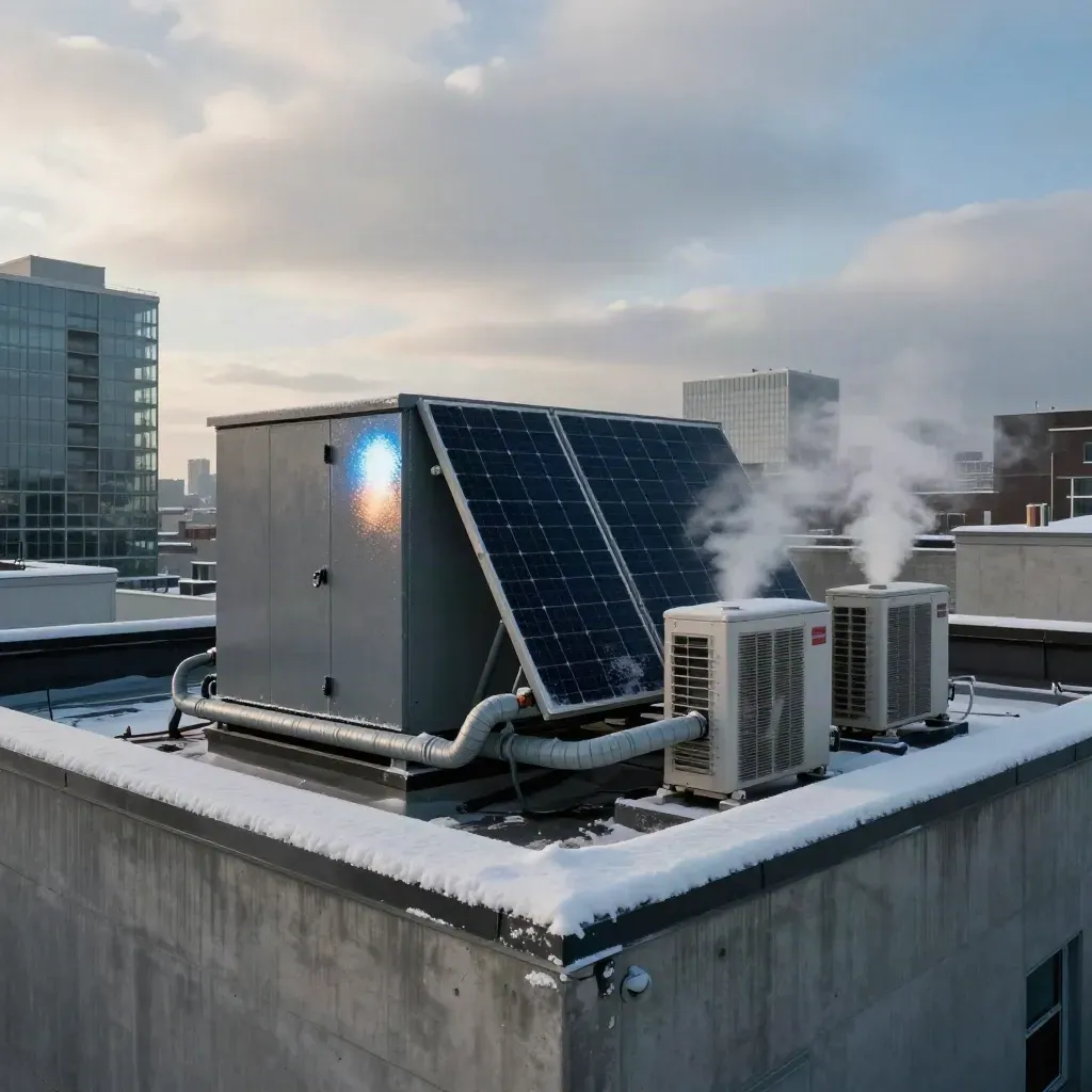 Snowy Toronto rooftop with solar panels, heat pumps, and a service cabinet at dawn.