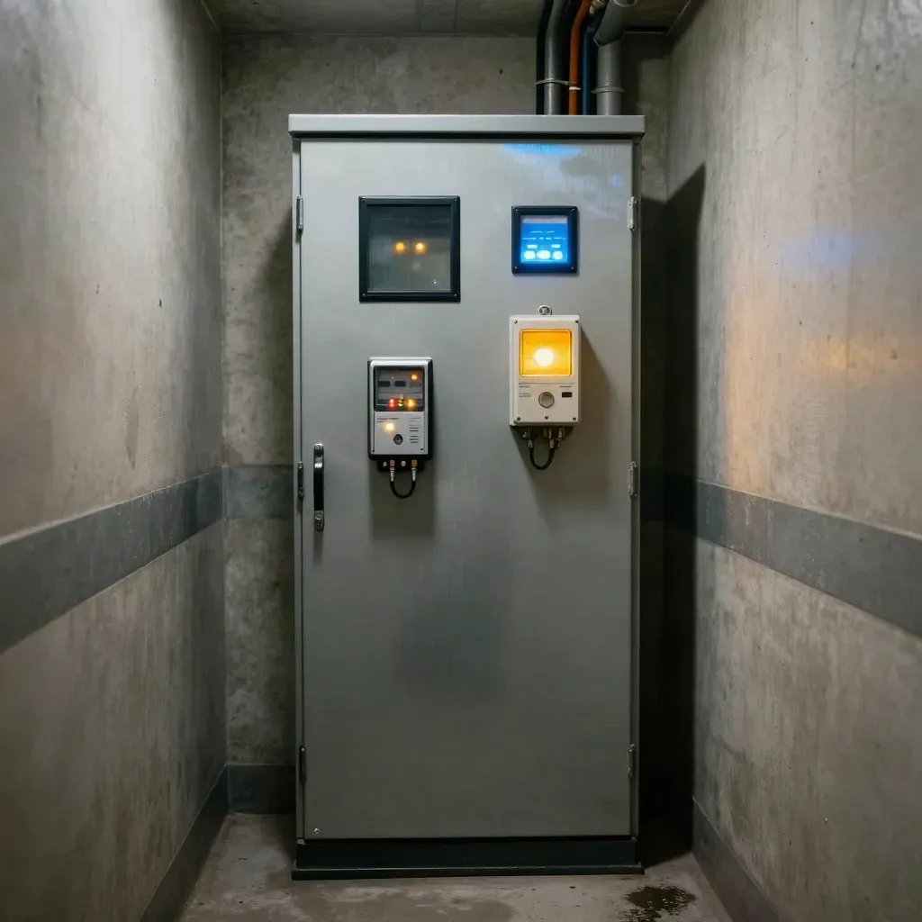 Meter bank and relay cabinet glowing in a concrete utility corridor at dusk.