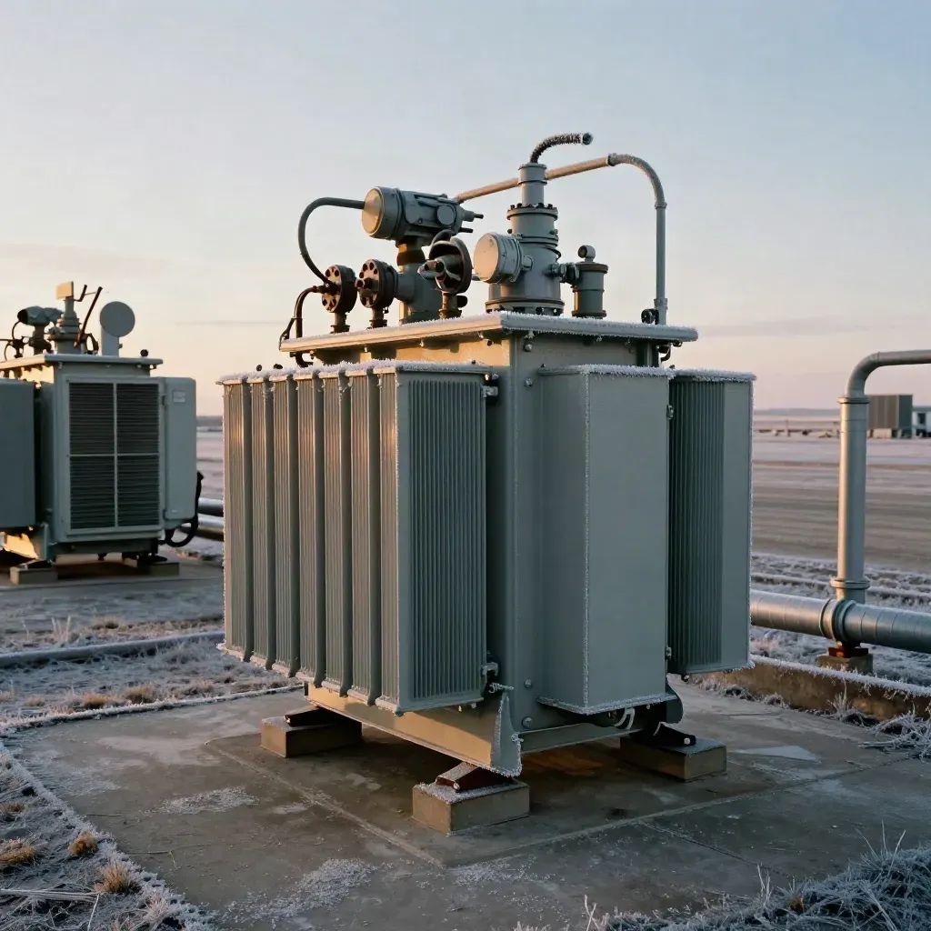Transformer bank and chilled-air plant gear on frosted concrete in an Alberta industrial yard