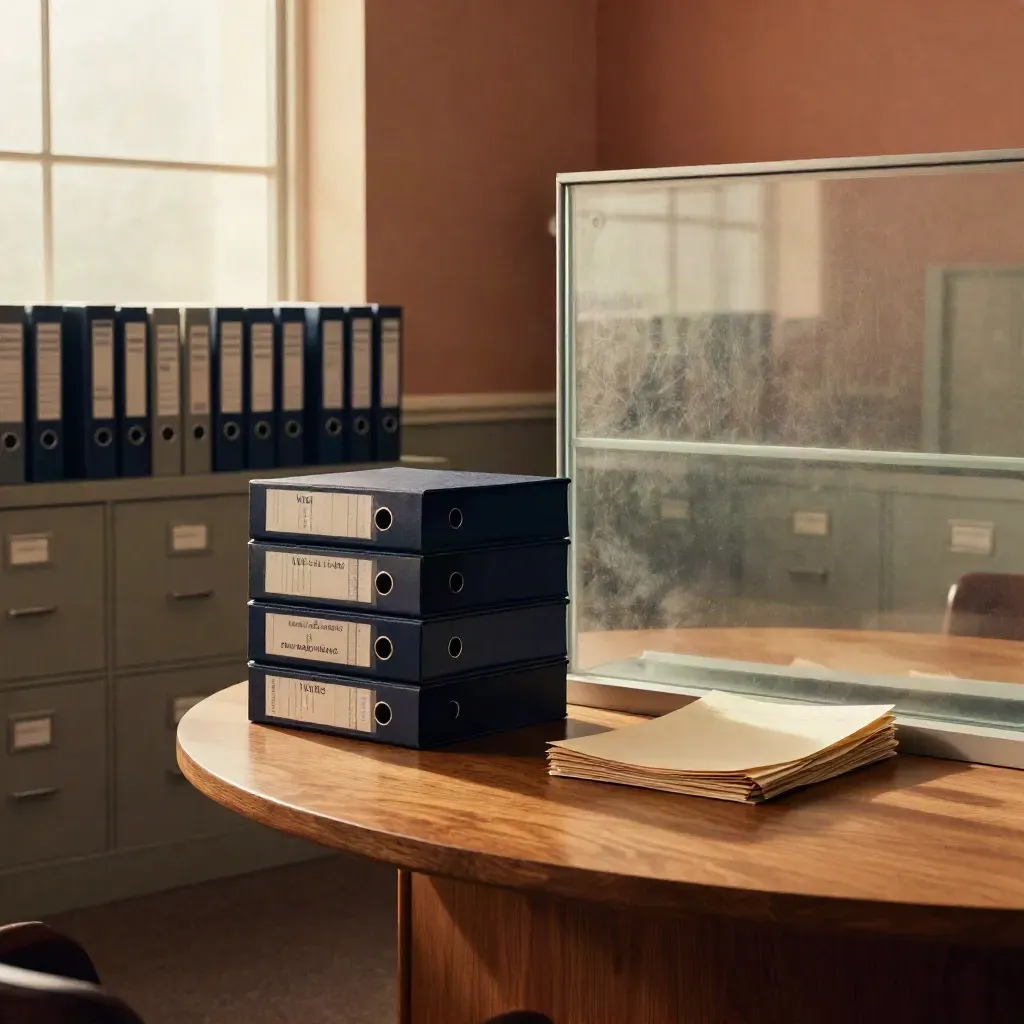 Municipal records room with energy binders beside a round meeting table in warm window light