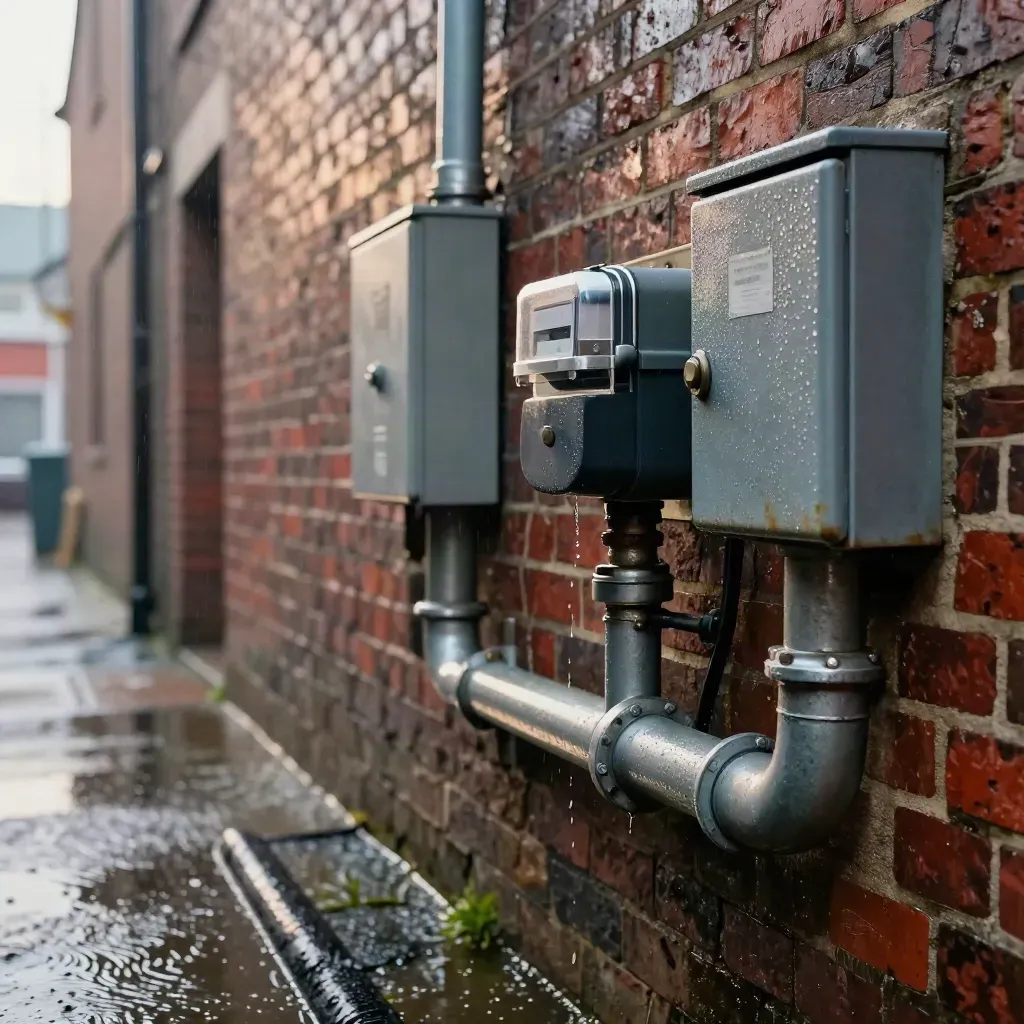 Rain-beaded utility meters and conduit on a Halifax brick wall in coastal mist