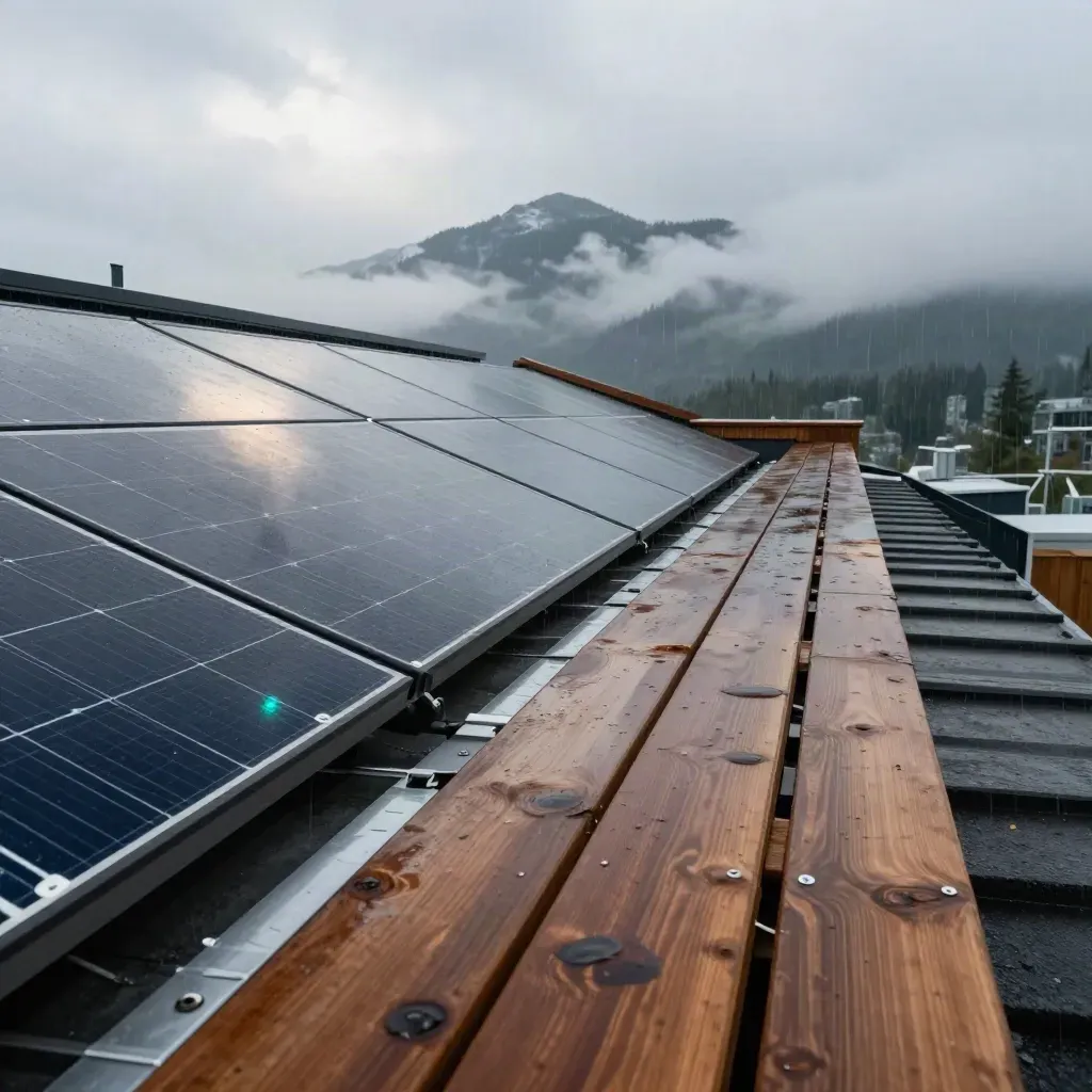 Rainy Vancouver rooftop with solar panels, cedar parapet, and mountains under breaking cloud.
