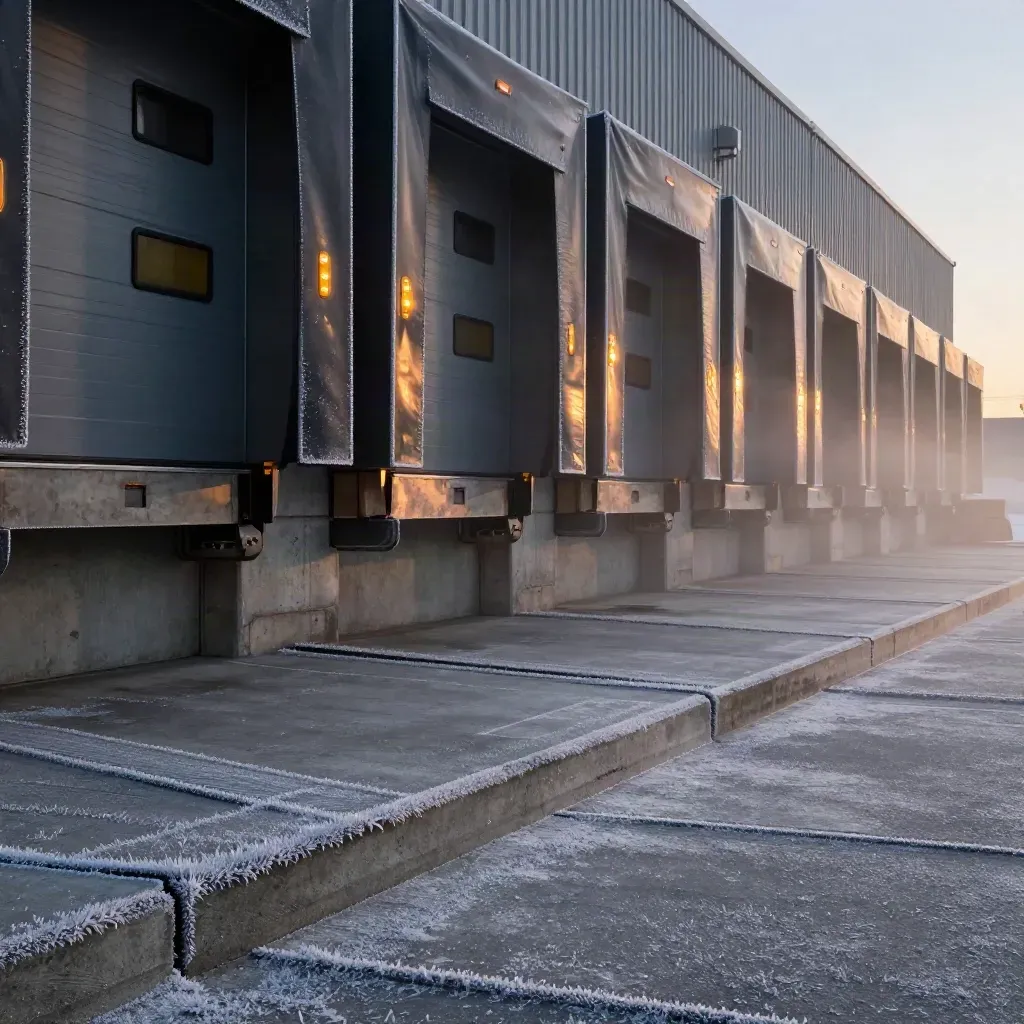 Frosty Winnipeg loading dock with refrigerated bays glowing at dusk
