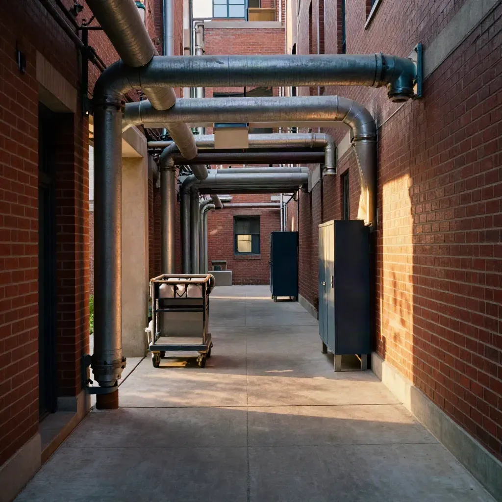 University plant courtyard with brick walls, exposed piping and a service cart in warm late-afternoon light.