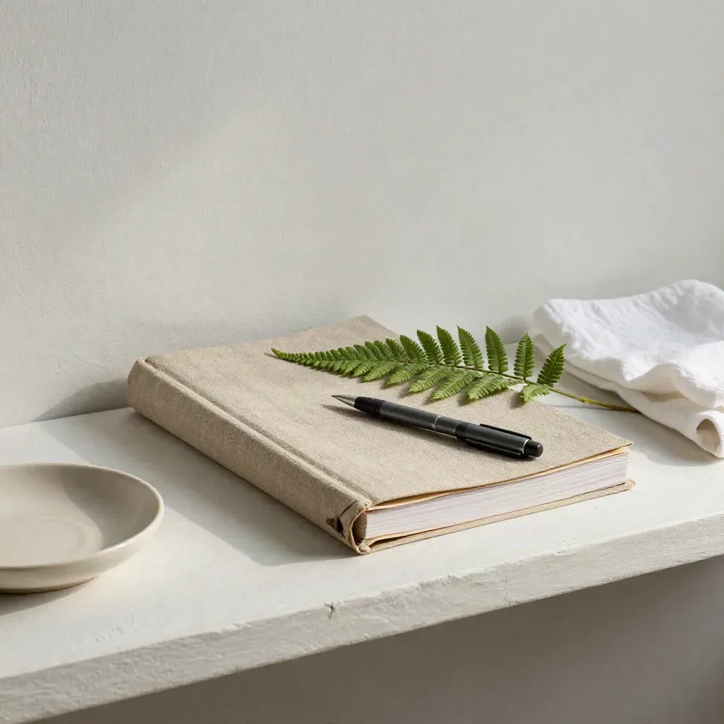 Linen report folio with paper stack, pen and fern on a pale plaster shelf