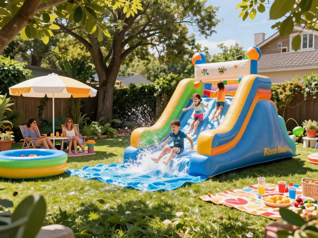 Children laughing on a vibrant inflatable slide water slide in a sunny backyard.