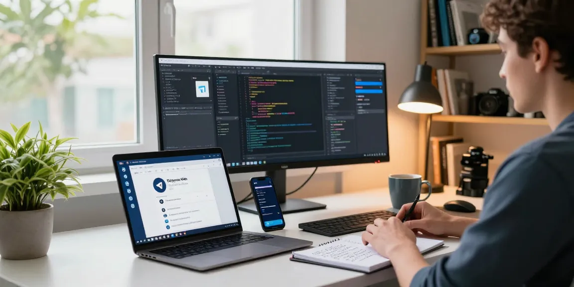 Using Telegram Web Version on a modern tech workspace with dual monitors