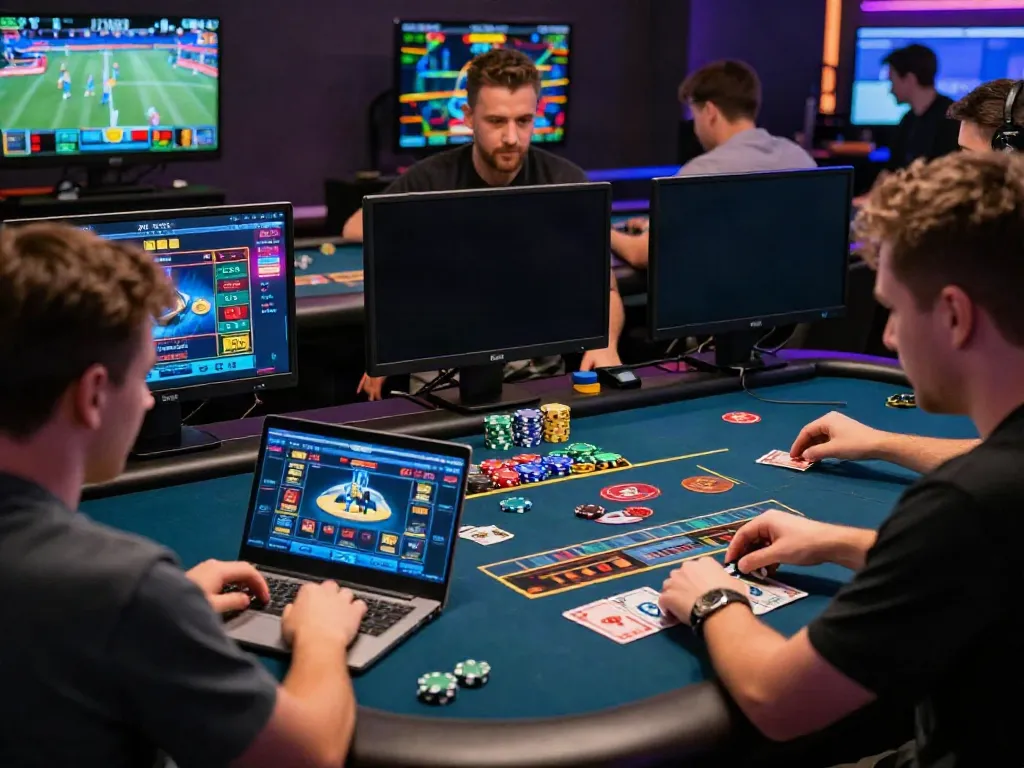 Engaged players enjoying online gaming at UK88 platform, showcasing live dealer games and sports betting.