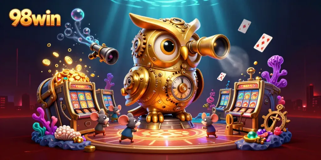 Experience the excitement of 98win casino gaming with vibrant, animated scenes of characters and treasures.