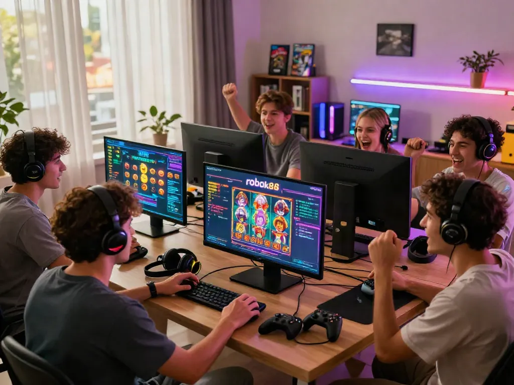 Diverse friends celebrating a win during rokok88 slot login gaming session in a modern living room.
