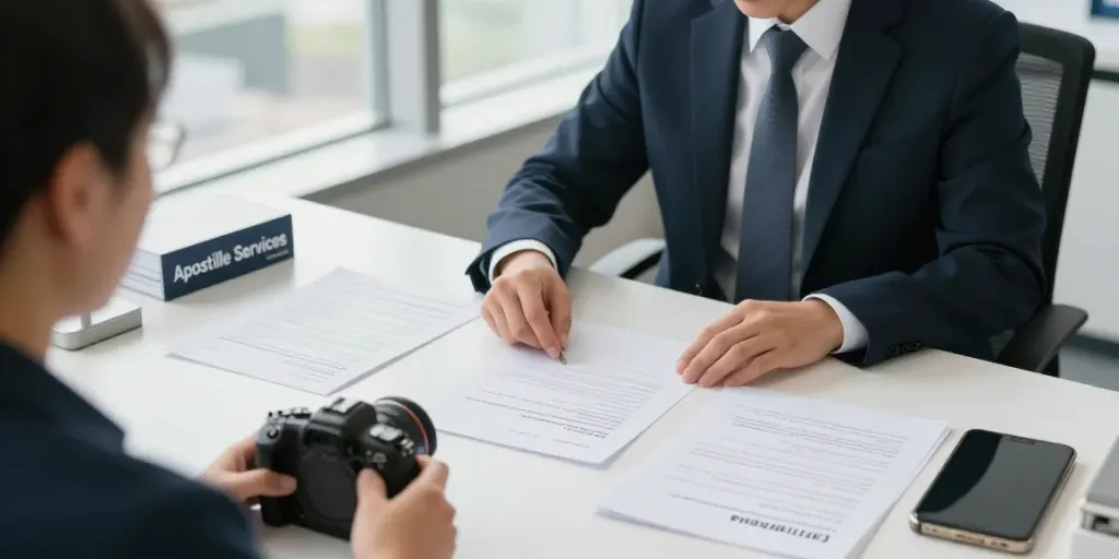 Apostille near me with a notary assisting clients in an organized office