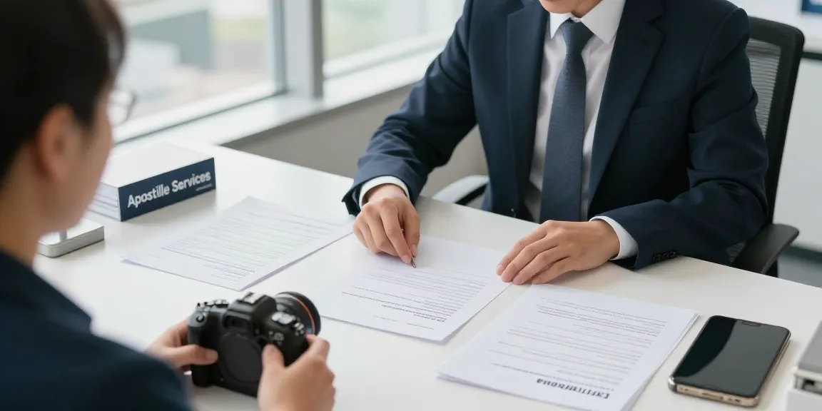 Apostille near me with a notary assisting clients in an organized office